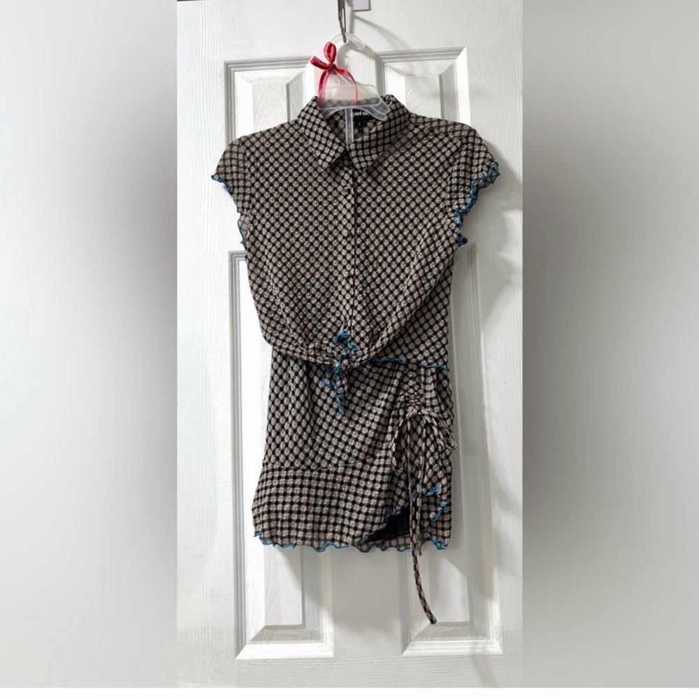 Expired Girl Size S Black/Tan Gingham With Blue Accents Mini Skirt & Top 2Pc Set